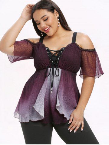 Plus Size Ombre Lace-Up Grommets Ruffles Lace Trim Cold Shoulder Blouse - PURPLE - M | US 10