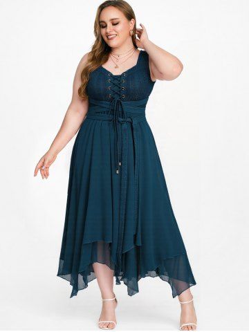Plus Size Grommets Lace Up Patchwork Textured Ruffles Asymmetrical Dress With Belt - BLUE - 1X | US 14-16