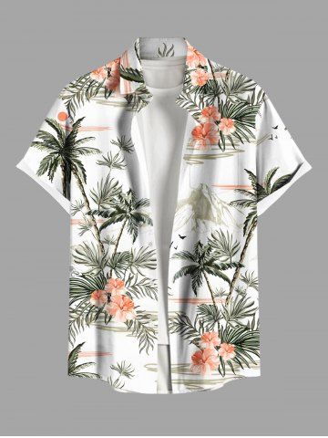 Plus Size Coconut Tree Tropical Leaf Hibiscus Flower Print Buttons Pocket Hawaii Shirt For Men - WHITE - 6XL