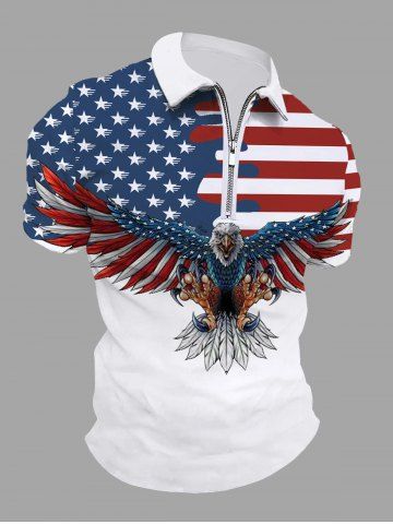 Plus Size Patriotic American Flag Eagle Print Zipper Polo Shirt For Men - WHITE - XL