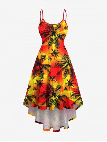 Plus Size Coconut Tree Sun Print High Low Hawaii Cami Dress - DARK ORANGE - 4X