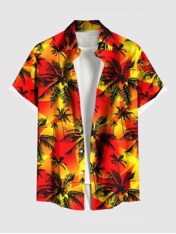 Plus Size Coconut Tree Sun Print Buttons Pocket Hawaii Shirt For Men - RED - L