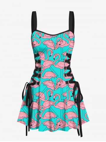 Flamingo Print Lace Up Hawaii Tank Dress - LIGHT GREEN - XXL