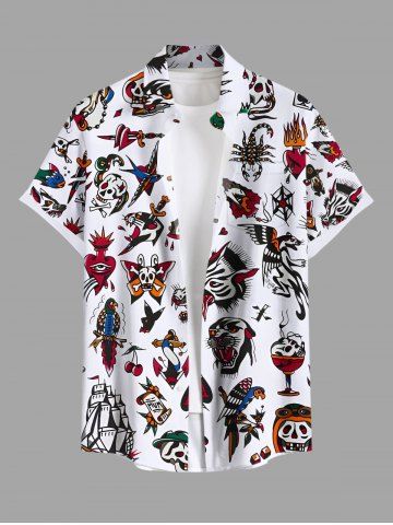 Plus Size Skulls Heart Ship Frog Scorpion Ice Cream Cruise Print Buttons Pocket Shirt For Men - WHITE - S