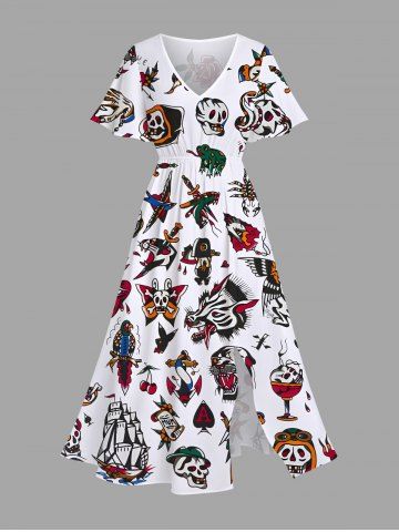 Plus Size Skulls Heart Ship Frog Scorpion Ice Cream Cruise Print Split Midi Dress - WHITE - M