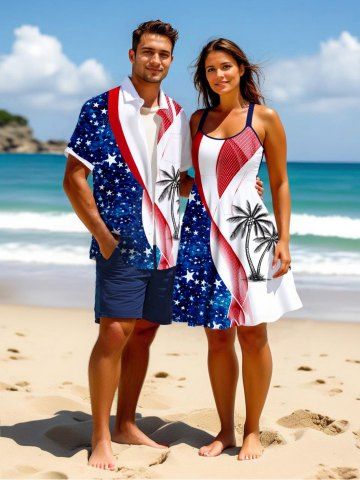 Patriotic American Flag Coconut Tree Print Plus Size Matching Hawaii Beach Outfit For Couples - WHITE