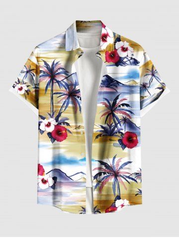 Plus Size Coconut Tree Hibiscus Floral Sea Mountain Print Hawaii Buttons Pocket Shirt For Men - YELLOW - XL