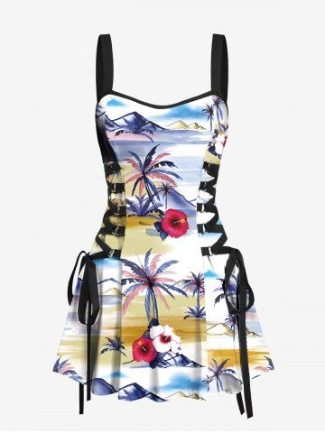 Coconut Tree Hibiscus Floral Sea Mountain Print Hawaii Lace Up A Line Tank Dress - YELLOW - XXL
