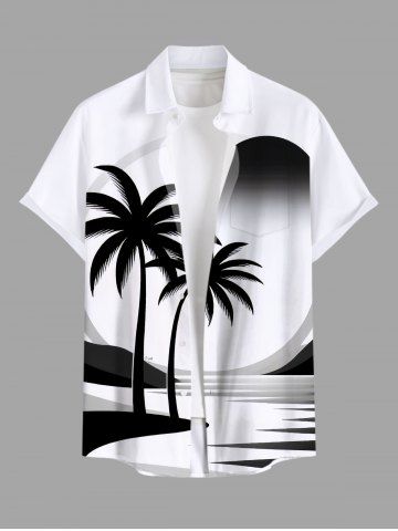 Plus Size Coconut Tree Sea Sun Print Hawaii Button Pocket Shirt For Men - WHITE - XL