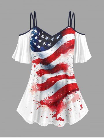 Plus Size Patriotic American Flag Painting Splatter Print Cold Shoulder Cami T-shirt - WHITE - 3X