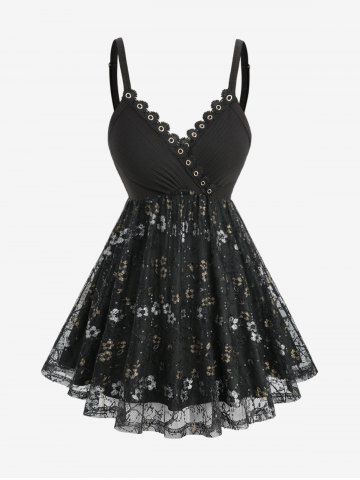 Floral Lace Sequins Overlay Ribbed Surplice Cami Top - BLACK - L