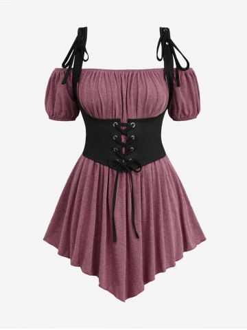 T-shirt asymétrique à épaules dénudées et froncées de style Renaissance médiévale grande taille avec œillets et gilet chiné à lacets - DEEP RED - 2X | US 18-20