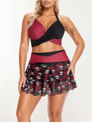 Plus Size Rose Flower Skulls Print Halter Crisscross Tie Back Bowknot Skirt Gothic 3 Piece Swimsuit -  