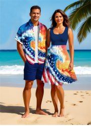 Patriotic American Flag Sea Waves Ombre Sky Print Plus Size Matching Hawaii Beach Outfit For Couples -  