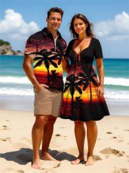 Tenue de plage hawaïenne assortie grande taille à imprimé cocotier et crépuscule pour couples - Noir 