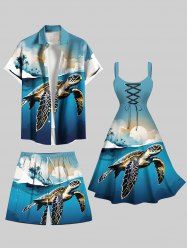 Tenue de plage assortie grande taille avec imprimé cocotier, tortue de mer, soleil, nuage, ciel ombré, créatures marines hawaïennes, pour couples - Vert 