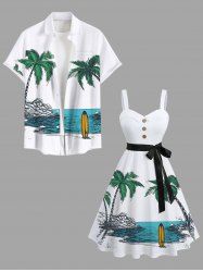 Tenue de plage hawaïenne assortie grande taille à imprimé cocotiers et mer pour couples - Blanc 