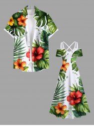 Tenue de plage hawaïenne assortie grande taille à imprimé feuilles tropicales et fleurs d'hibiscus pour couples - Vert 