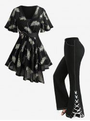 Feather Jacquard Embroidery Pointelle Hollow Out 2 in 1 Top and Lace Up Split Topstitching Flare Pants Plus Size Outfit -  