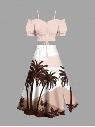 Solid Cinched Top and Coconut Tree Mountain Cloud Print Hawaii Split A Line Skirt Plus Size Matching Set -  