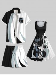 Cat Colorblock Curve Print Plus Size Matching Hawaii Beach Outfit For Couples -  