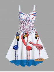 Plus Size Colorful Patriotic American Flag Fireworks Flamingo Print Hawaii A Line Tank Dress -  