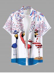 Plus Size Colorful Patriotic American Flag Fireworks Flamingo Print Hawaii Button Pocket Shirt For Men -  
