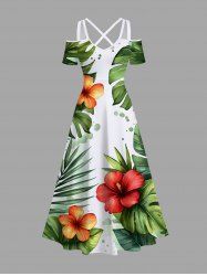 Plus Size Tropical Leaf Hibiscus Flower Print Hawaii Cold Shoulder Crisscross Strappy A Line Maxi Dress -  