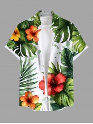 Plus Size Tropical Leaf Hibiscus Flower Print Hawaii Button Pocket Shirt For Men -  