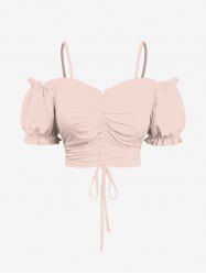 Plus Size Cold Shoulder Puff Sleeves Solid Cinched Ruffles Top -  