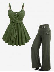 Lace Trim Lettuce Hem Textured Surplice Tank Top and Pockets Buttons Wide Leg Pants Plus Size Outfit -  