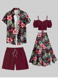 Tenue de plage hawaïenne assortie grande taille à imprimé feuilles tropicales et fleurs d'hibiscus pour couples - Rouge foncé 