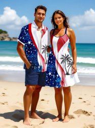 Patriotic American Flag Coconut Tree Print Plus Size Matching Hawaii Beach Outfit For Couples -  