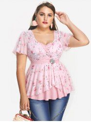 Plus Size Rose Flower Print Mesh Tulip Hem Buckle Ruffles Ruched Surplie Ribbed Textured 2 In 1 Top -  