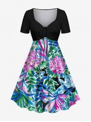 Plus Size Ink Painting Tropical Leaf Flowers Print Cinched Hawaii Dress -  