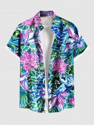Plus Size Ink Painting Tropical Leaf Flowers Print Buttons Pocket Hawaii Shirt For Men -  