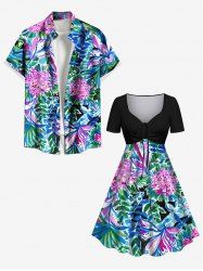 Tenue de plage hawaïenne assortie grande taille avec imprimé feuilles tropicales et fleurs, pour couples - Multi-A 