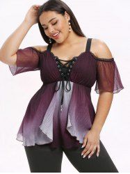 Plus Size Ombre Lace-Up Grommets Ruffles Lace Trim Cold Shoulder Blouse -  