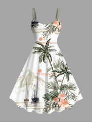 Plus Size Coconut Tree Tropical Leaf Hibiscus Flower Print Hawaii Tank Dress -  