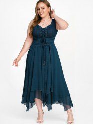Plus Size Grommets Lace Up Patchwork Textured Ruffles Asymmetrical Dress With Belt -  
