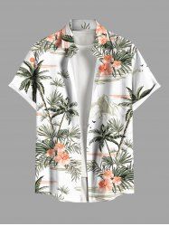 Plus Size Coconut Tree Tropical Leaf Hibiscus Flower Print Buttons Pocket Hawaii Shirt For Men -  