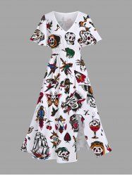 Robe mi-longue fendue grande taille à imprimé crânes, cœurs, navires, grenouilles, scorpions, glaces et croisière - Blanc 2X