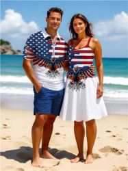 Patriotic American Flag Eagle Print Plus Size Matching Outfit For Couples -  