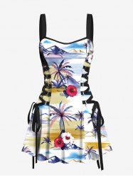 Coconut Tree Hibiscus Floral Sea Mountain Print Hawaii Lace Up A Line Tank Dress -  
