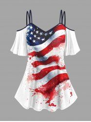 Plus Size Patriotic American Flag Painting Splatter Print Cold Shoulder Cami T-shirt -  