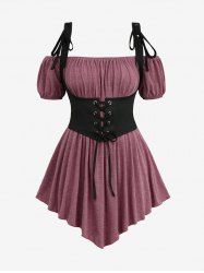 Plus Size Ruched Off Shoulder  Asymmetrical Tee With Grommets Lace Up Marled Waistcoat -  