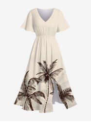 Plus Size Coconut Tree Hand-painted Print Hawaii Split Pocket A Line Midi Dress -  