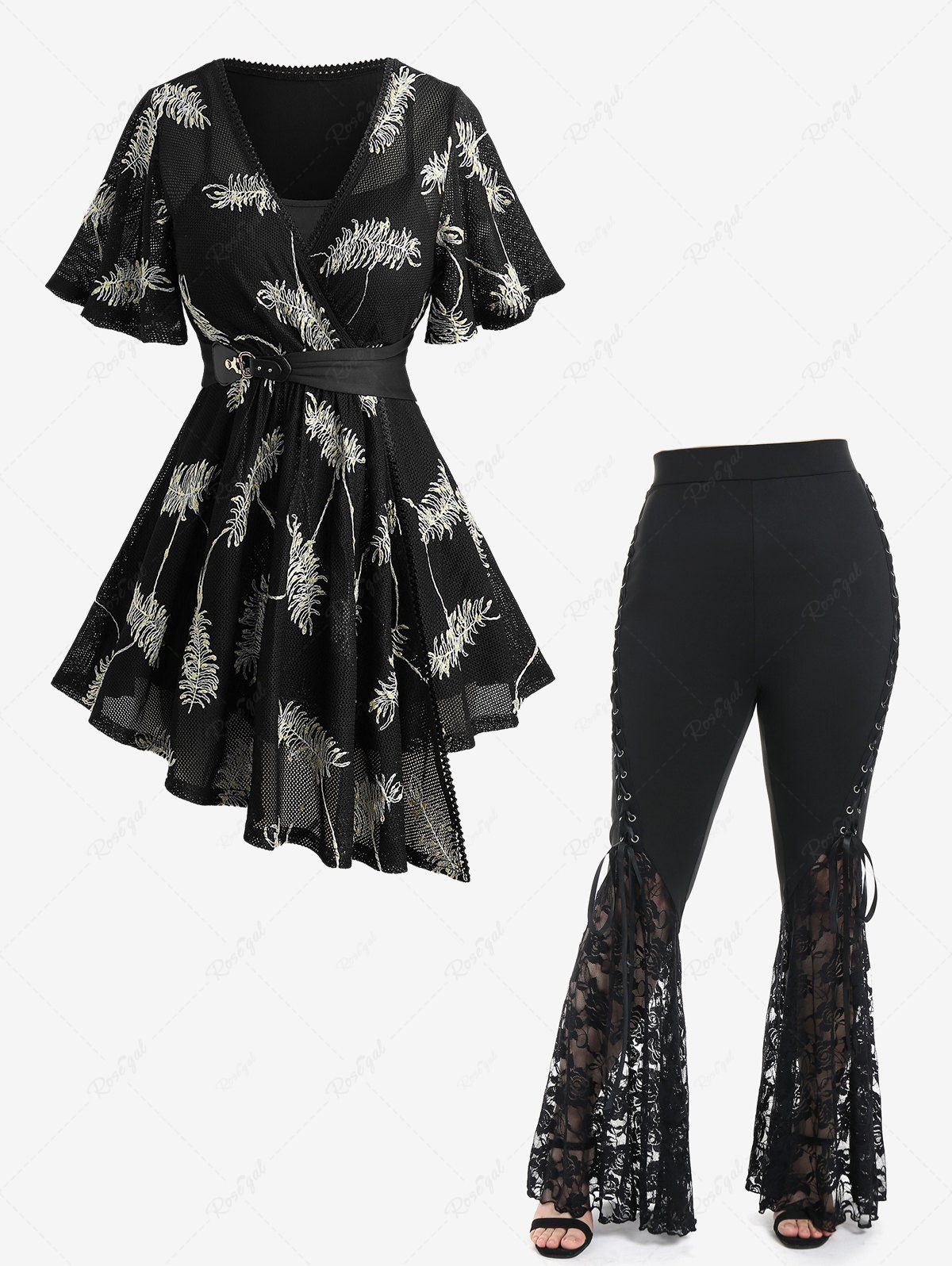 Cheap Feather Jacquard Embroidery Pointelle Hollow Out 2 in 1 Top and Lace Flare Pants with Lace-up Plus Size Outfit  