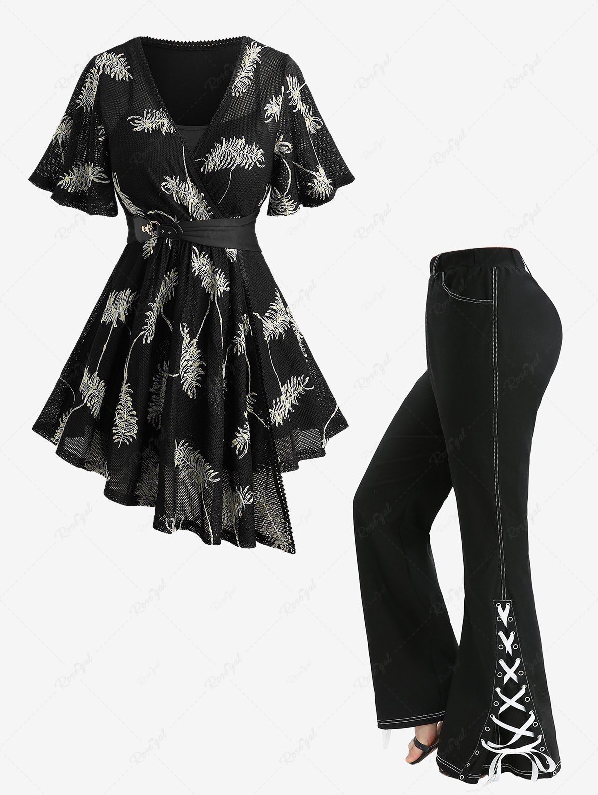 Outfit Feather Jacquard Embroidery Pointelle Hollow Out 2 in 1 Top and Lace Up Split Topstitching Flare Pants Plus Size Outfit  