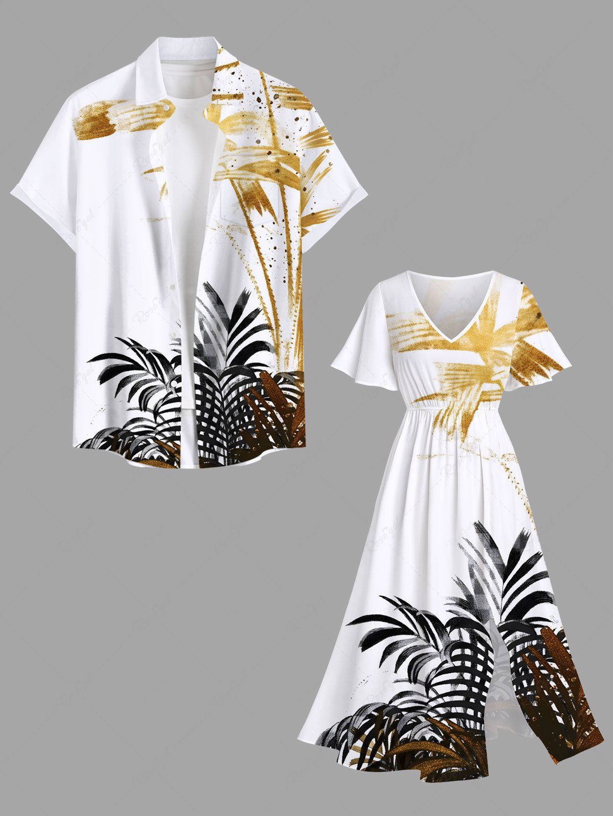 Tenue de plage hawaïenne assortie grande taille à imprimé feuilles tropicales pour couples Blanc 